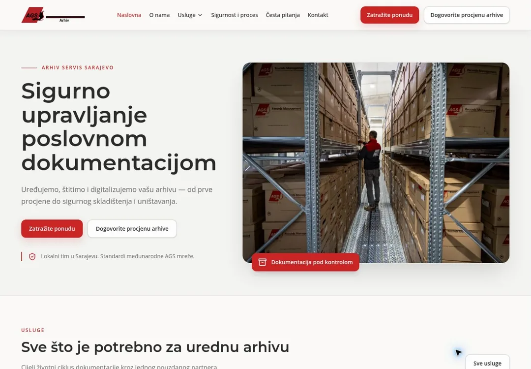 Izgled demo web stranice Arhiv Servis