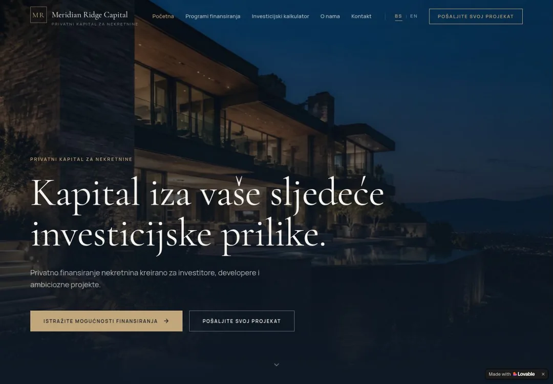Izgled demo web stranice Meridian Ridge Capital