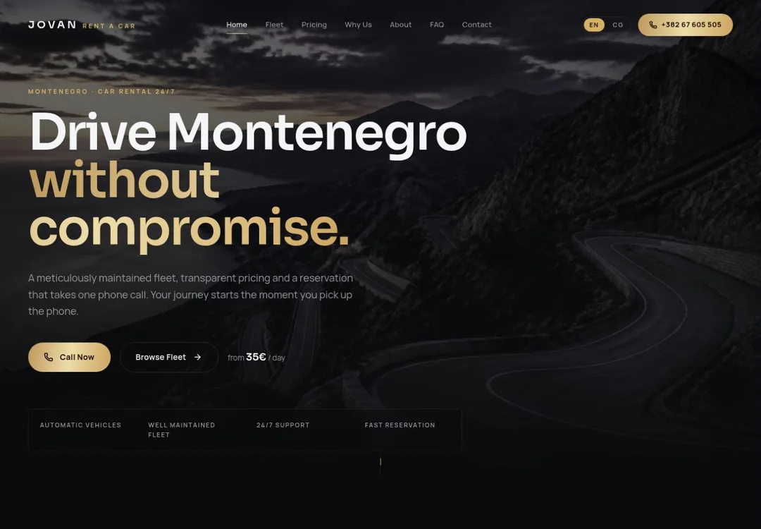 Izgled demo web stranice Jovan Rent a Car
